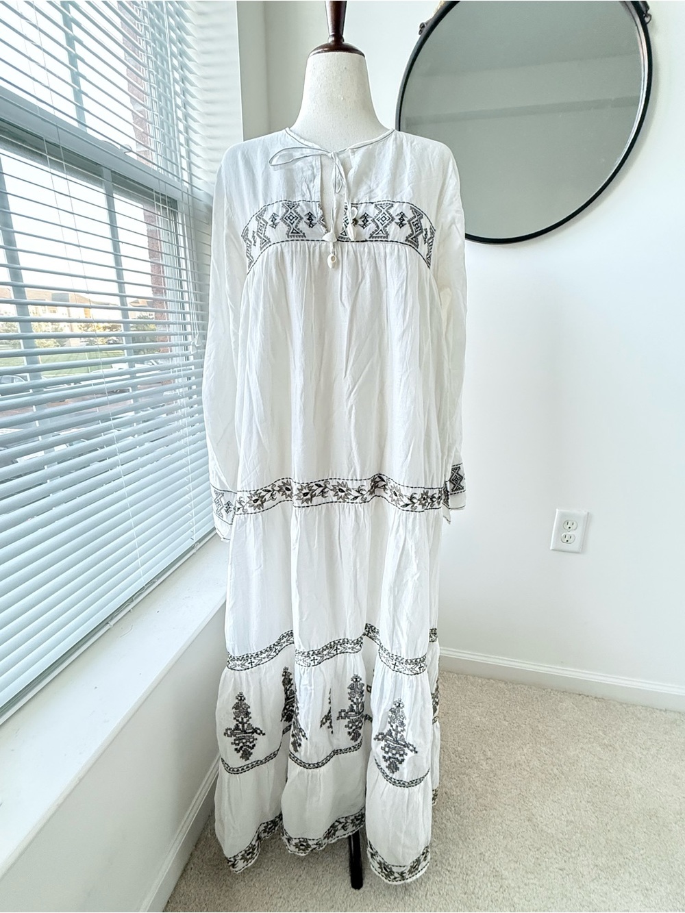 Zara White Boho Maxi Dress with Black Embroidered Trim NWT